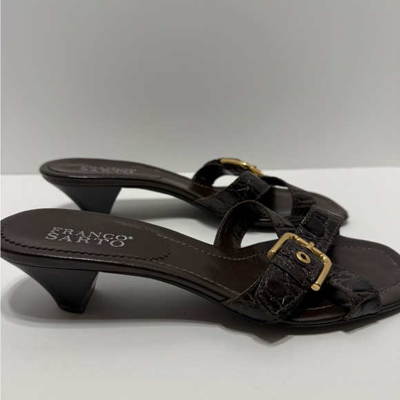 Franco Sarto Dark Brown Croc-Embossed Kitten Heel Buckle Mule Sandals Sz 9.5 - Picture 2 of 9